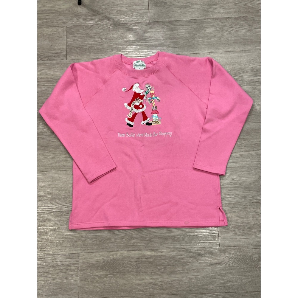 Quacker Factory Womens Christmas Sweatshirt Pink Santa Holiday Medium Sweater